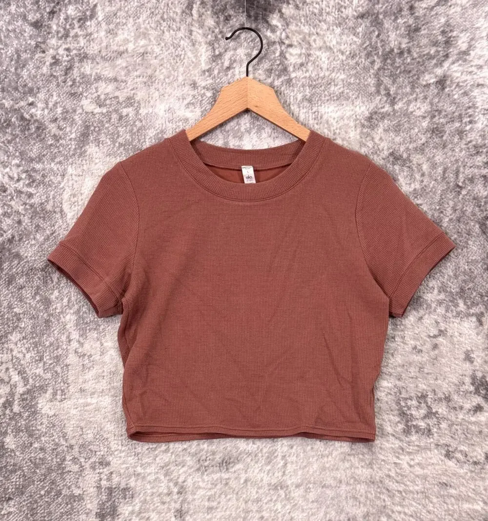 ALO Yoga Waffle Knit Crop Shirt Top Large Womens Dusty Pink